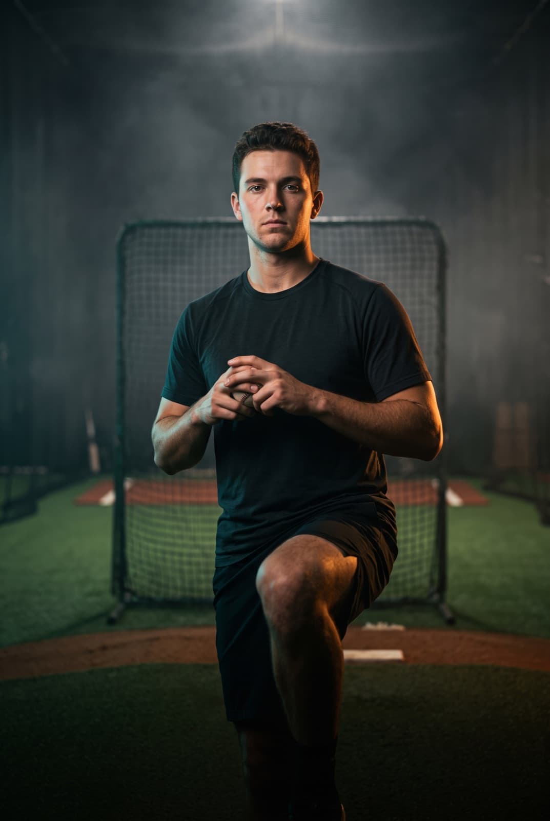 Young pitcher kneeling and gripping a baseball in an indoor training facility